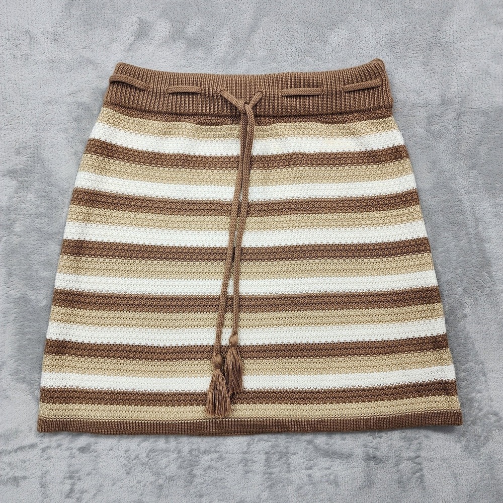 Madden NYC Skirt Womens S Brown Striped Knit A-Line Tasseled Drawstring Short